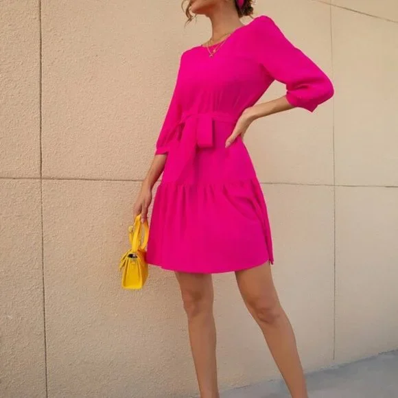 Hot Pink  Bishop Sleeve Ruffle Hem Belted Dress - Picture 6 of 12